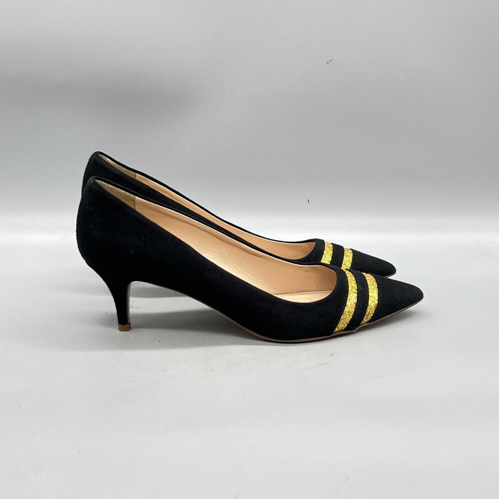 J Crew Shoes Womens 8 Black Suede Glitter Stripe Kitten Heel Made Italy Pumps